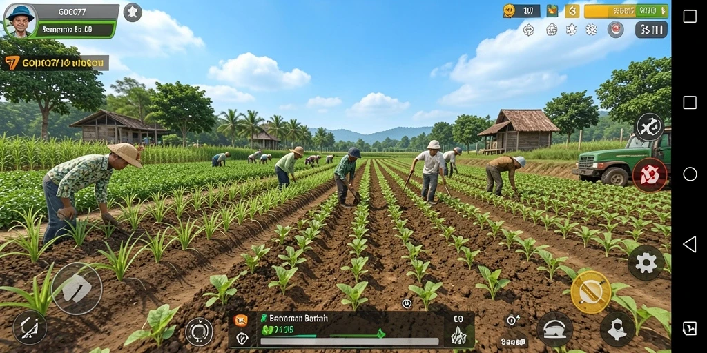 Tampilan gameplay <strong>GOGO77</strong> yang menampilkan berbagai aktivitas bertani.