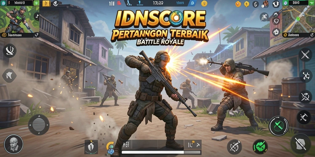 Tampilan gameplay IDNSCORE yang intens saat pertempuran Battle Royale.
