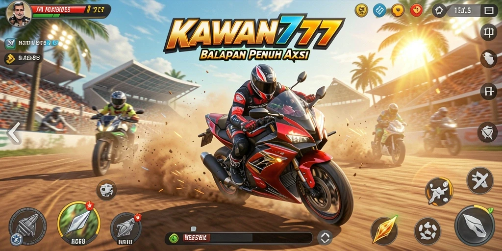 Screenshot gameplay KAWAN777 menampilkan balapan motor yang mendebarkan.
