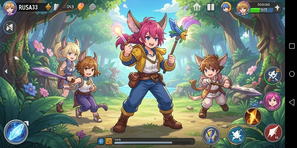 Tampilan gameplay RUSA33 menampilkan aksi seru dalam dunia Anime.